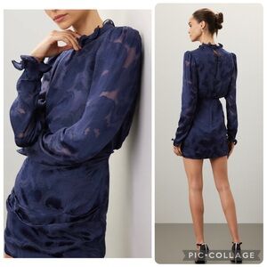 SALONI Rina-B Navy Long Sleeve Silk Jacquard Ruffle Detail Mini Dress Size 4
